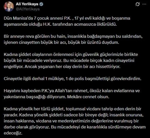 Bakan Yerlikaya: "(Manisa&rsquo;daki cinayet) Cinayetle ilgili derhal 1 m&uuml;lkiye, 1 de polis başm&uuml;fettişi g&ouml;revlendirdim"
