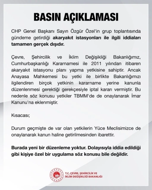 Bakanlıktan Özgür Özel’in akaryakıt istasyonlarıyla ilgili iddialarına yalanlama
