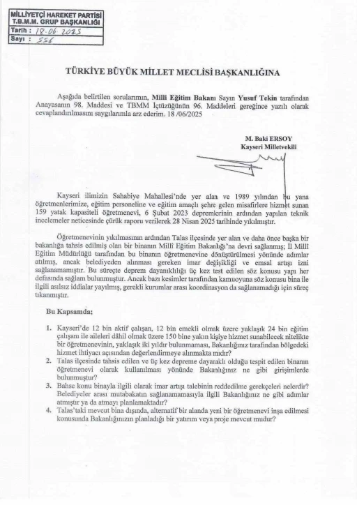 Baki Ersoy’dan ‘Kayseri Öğretmenevi’ için soru önergesi
