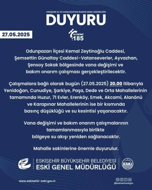 Bakım onarım çalışmaları nedeniyle çok sayıda mahallede sular kesilecek
