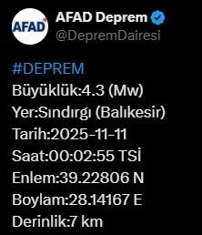 Balıkesir’de 4.3 büyüklüğünde deprem
