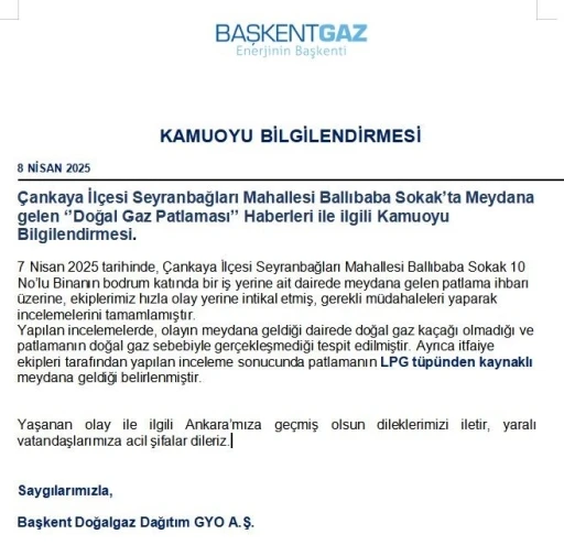 Başkent’te gerçekleşen patlamanın LPG tüpünden kaynaklı olduğu belirlendi

