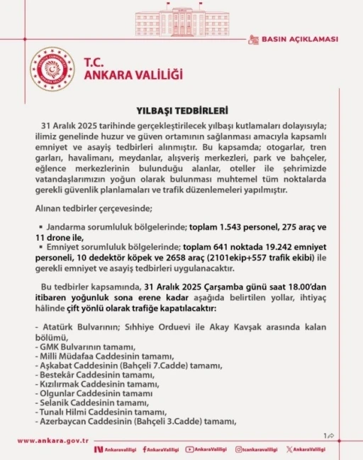 Başkentte yılbaşı tedbirleri: 19 bin 242 emniyet personeli g&ouml;rev alacak
