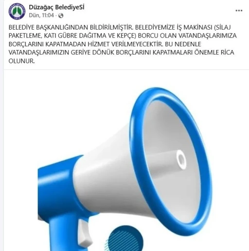 Belediye vatandaşlardan bor&ccedil;larını sosyal medyadan istedi
