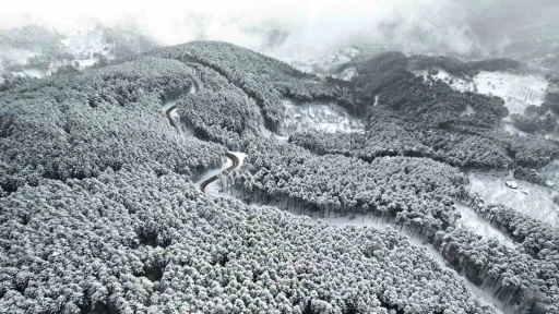 Beyaz &ouml;rt&uuml;yle Uludağ&rsquo;ın virajları g&ouml;rsel ş&ouml;lene d&ouml;n&uuml;şt&uuml;
