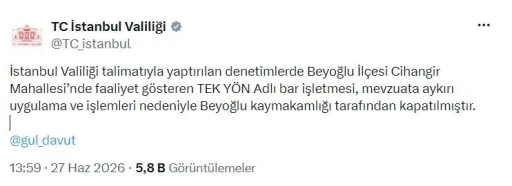 Beyoğlu&rsquo;nda bir bar işletmesi kapatıldı
