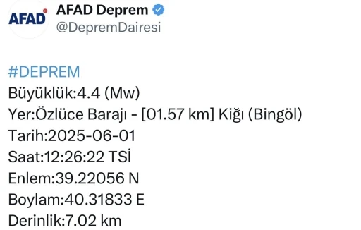 Bingöl’de 4,4 büyüklüğünde deprem
