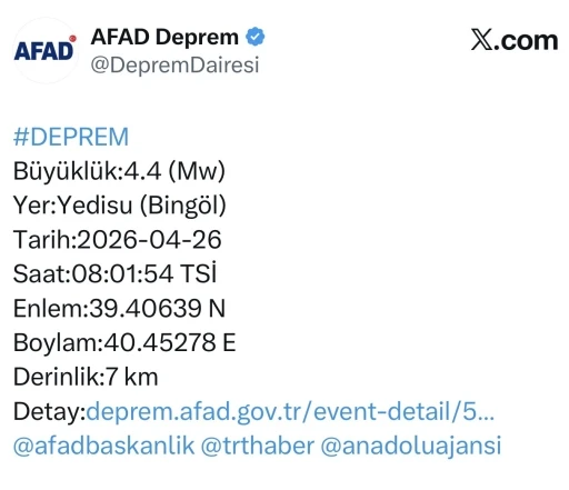 Bing&ouml;l&rsquo;de 4.4 b&uuml;y&uuml;kl&uuml;ğ&uuml;nde deprem
