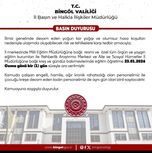Bing&ouml;l&rsquo;de eğitim kurumlarına kar tatili

