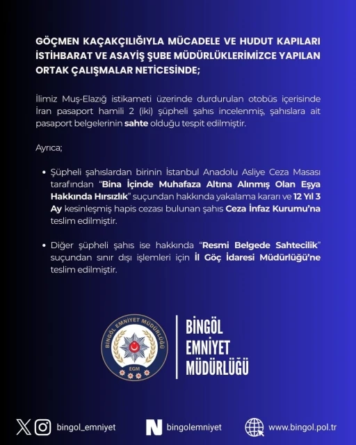 Bing&ouml;l&rsquo;de sahte pasaportlu 2 ş&uuml;pheli yakalandı
