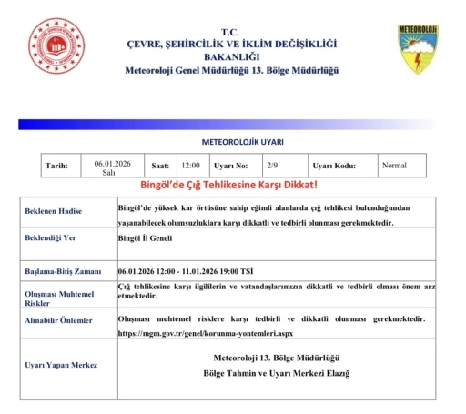 Bing&ouml;l  i&ccedil;in &ccedil;ığ uyarısı
