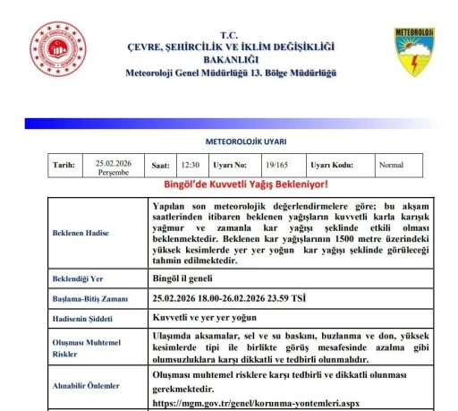 Bing&ouml;l i&ccedil;in &lsquo;Kuvvetli Yağış&rsquo; uyarısı
