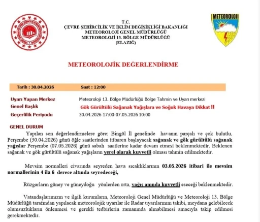 Bing&ouml;l i&ccedil;in sağanak yağış uyarısı
