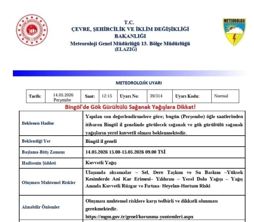Bing&ouml;l i&ccedil;in sağanak yağış uyarısı
