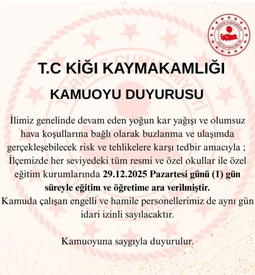 Bing&ouml;l&rsquo;&uuml;n 2 il&ccedil;esinde eğitime 1 g&uuml;n ara verildi
