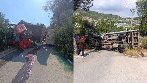 Bodrum'da İş Makinesi Taşıyan Kamyonet Devrildi