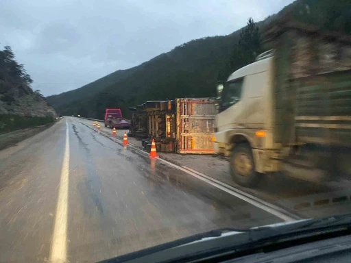 Bolu’da odun yüklü tır devrildi
