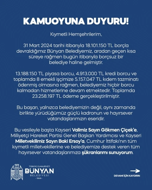 Bünyan Belediyesi borçsuz hale geldi
