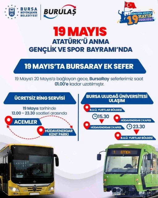 Bursa&rsquo;da 19 Mayıs&rsquo;ta ulaşım &uuml;cretsiz
