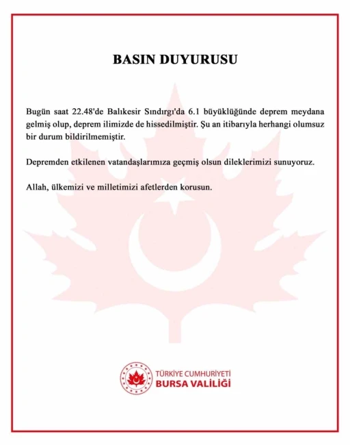 Bursa’da hissedilen depreme Bursa Valiliği’nden açıklama