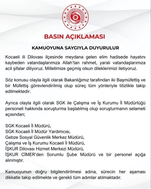 Çalışma ve Sosyal Güvenlik Bakanlığı Kocaeli’ndeki yangına ilişkin 7 kişiyi açığa aldı
