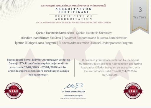 Çankırı Karatekin Üniversitesi’ndeki bir bölüme 3 yıllık akreditasyon belgesi
