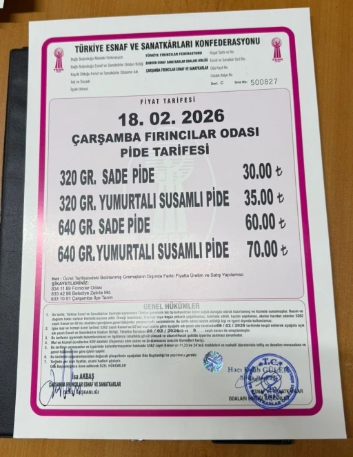 &Ccedil;arşamba&rsquo;da pide fiyatları belli oldu
