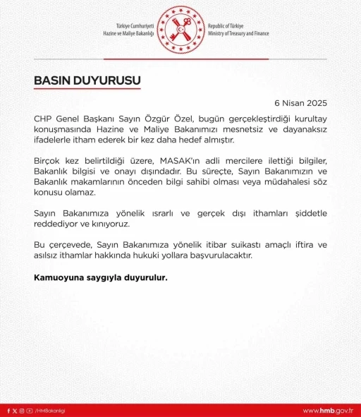 CHP Genel Başkanı Özel’in iddialarına Hazine ve Maliye Bakanlığı’ndan tepki
