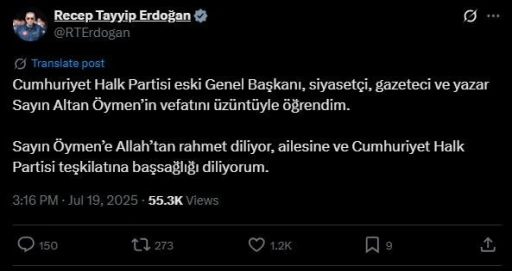 Cumhurbaşkanı Erdoğan’dan Altan Öymen için taziye mesajı
