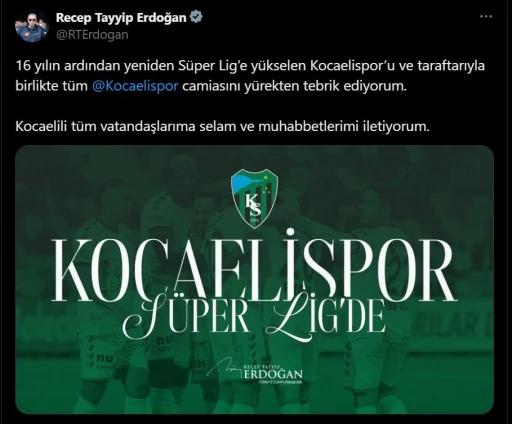 Cumhurbaşkanı Erdoğan’dan Kocaelispor’a tebrik

