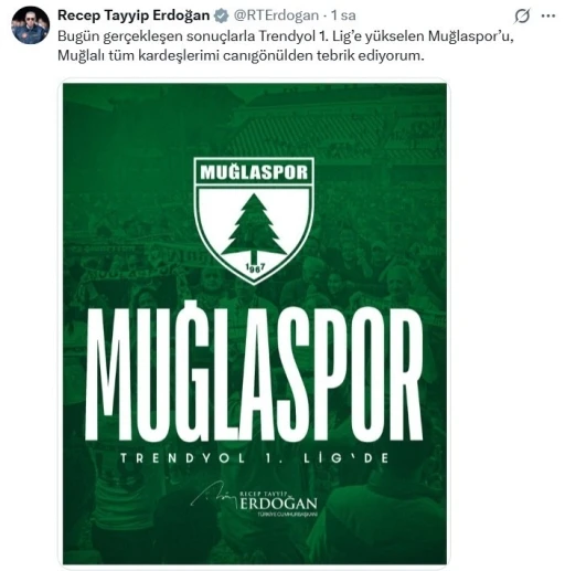 Cumhurbaşkanı Erdoğan&rsquo;dan Muğlaspor&rsquo;a tebrik mesajı
