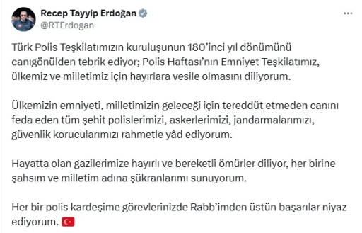Cumhurbaşkanı Erdoğan, Polis Teşkilatı’nın 180’inci yılını kutladı
