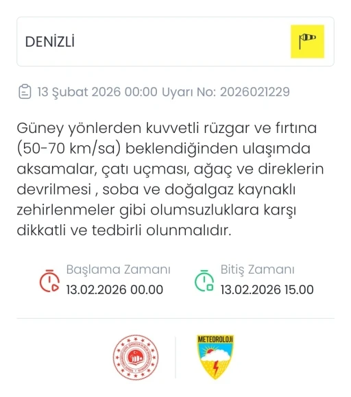 Denizli i&ccedil;in kuvvetli r&uuml;zgar ve fırtına uyarısı
