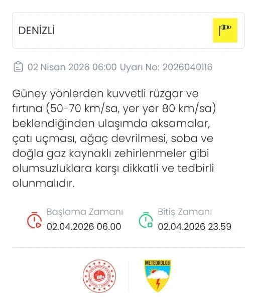 Denizli i&ccedil;in kuvvetli r&uuml;zgar ve fırtına uyarısı
