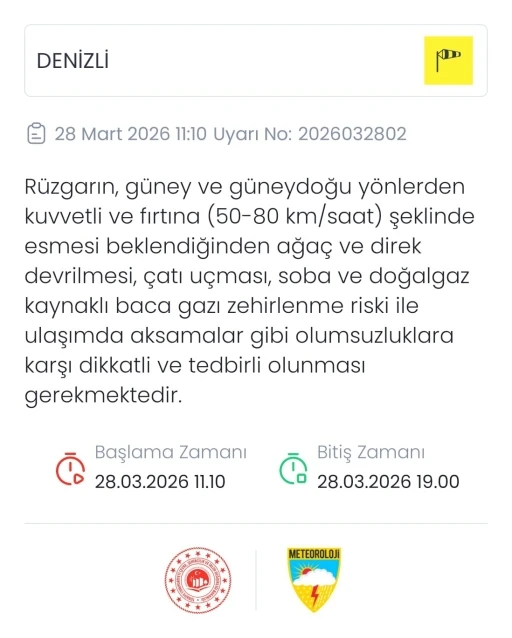 Denizli i&ccedil;in kuvvetli r&uuml;zgar ve fırtına uyarısı yapıldı
