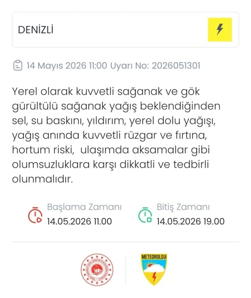Denizli i&ccedil;in şiddetli yağış ve fırtına uyarısı yapıldı
