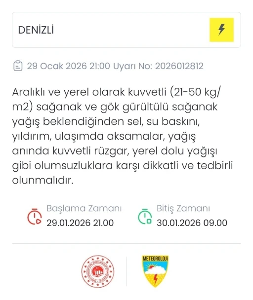 Denizli&rsquo;ye kuvvetli sağanak ve g&ouml;k g&uuml;r&uuml;lt&uuml;l&uuml; yağış uyarısı
