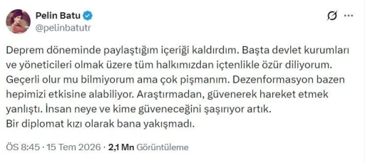Deprem zamanında "Devlet yoktu" diye paylaşım yapan Pelin Batu &ouml;z&uuml;r diledi
