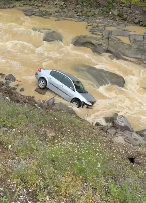 Dereye u&ccedil;an otomobilin s&uuml;r&uuml;c&uuml;s&uuml; kazayı ucuz atlattı

