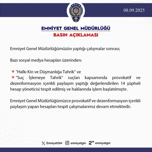 Dezenformasyon içerikli paylaşım yapan 14 şüpheli hesap yöneticisi hakkında işlem başlatıldı
