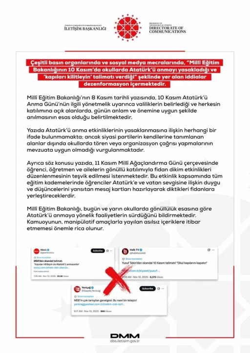 Dezenformasyonla Mücadele Merkezi’nden Atatürk’ü anmayı yasaklama iddialarına ilişkin açıklama
