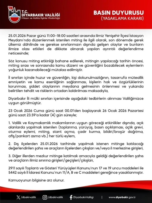 Diyarbakır&rsquo;da g&ouml;steri ve y&uuml;r&uuml;y&uuml;şler 4 g&uuml;n boyunca yasaklandı
