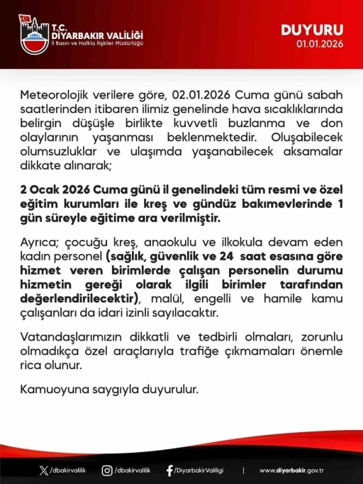 Diyarbakır&rsquo;da okullar 1 g&uuml;n tatil edildi
