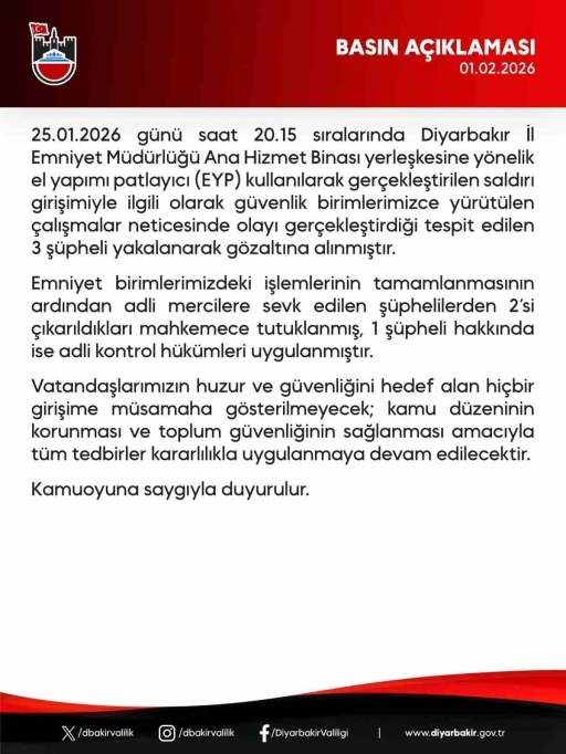 Diyarbakır Emniyet M&uuml;d&uuml;rl&uuml;ğ&uuml;ne EYP&rsquo;li saldırıda 3 g&ouml;zaltı
