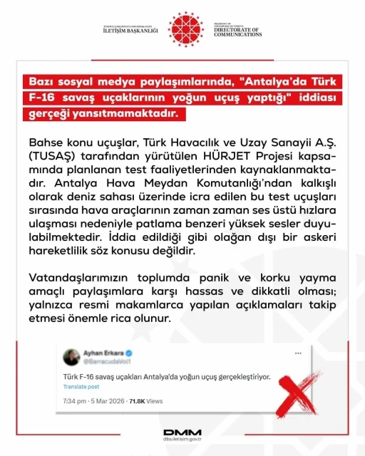 DMM&rsquo;den "Antalya&rsquo;da T&uuml;rk F-16 savaş u&ccedil;aklarının yoğun u&ccedil;uş yaptığı" iddiasına yalanlama

