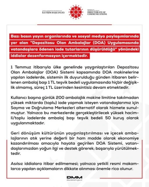 DMM&rsquo;den "DOA Uygulamasında vatandaşlara &ouml;denen iade tutarının d&uuml;ş&uuml;r&uuml;ld&uuml;ğ&uuml;" iddialarına yalanlama
