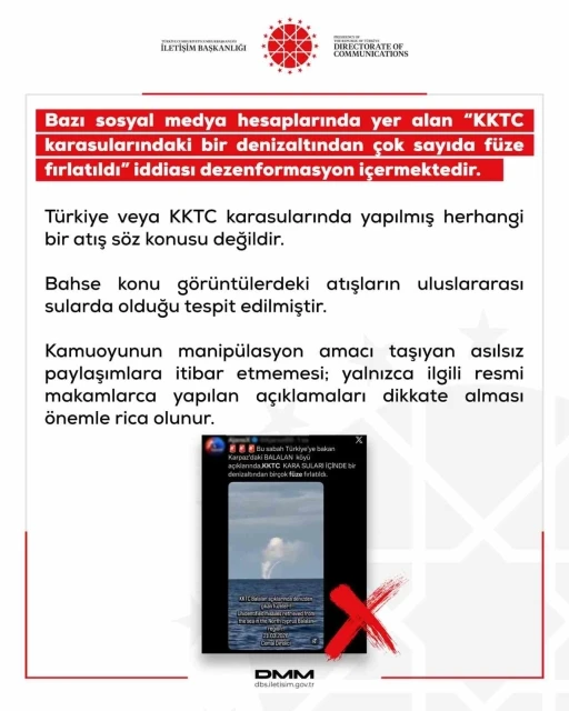 DMM&rsquo;den "KKTC&rsquo;de denizaltından f&uuml;ze fırlatıldı" iddiasına yalanlama
