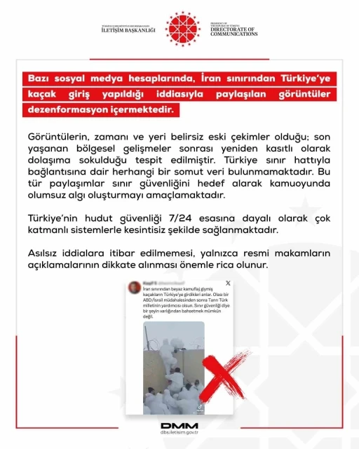 DMM: "İran sınırından T&uuml;rkiye&rsquo;ye ka&ccedil;ak giriş yapıldığı iddiasıyla paylaşılan g&ouml;r&uuml;nt&uuml;ler dezenformasyon i&ccedil;ermektedir"
