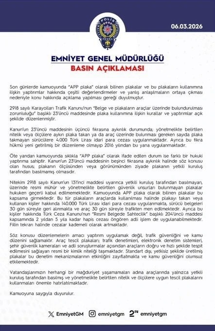 EGM&rsquo;den "&lsquo;APP plaka" a&ccedil;ıklaması: Resmi m&uuml;h&uuml;r ve g&uuml;venlik unsurları bulunmayan plakaları kullananlara 140 bin lira ceza uygulanacak
