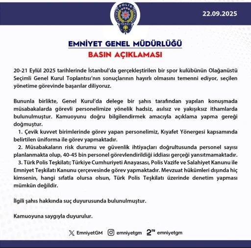 EGM, Fenerbahçe Kongresi’nde müsabakalarda görevli polislerin kıyafetlerini hedef alan ithamlara suç duyurusunda bulundu
